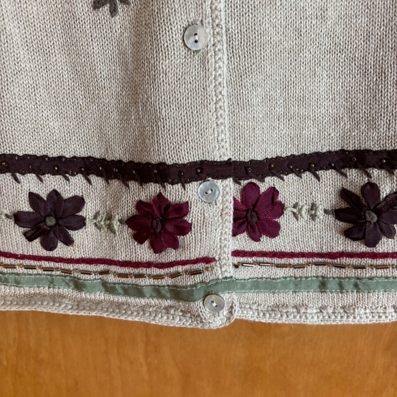 VTG J.Jill Embroidered fall Floral Cardigan Sweater Linen Blend Neutral Small - Picture 6 of 7